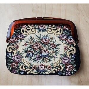 Vintage Floral Tapestry Clutch Evening Bag Hinged Kiss Lock